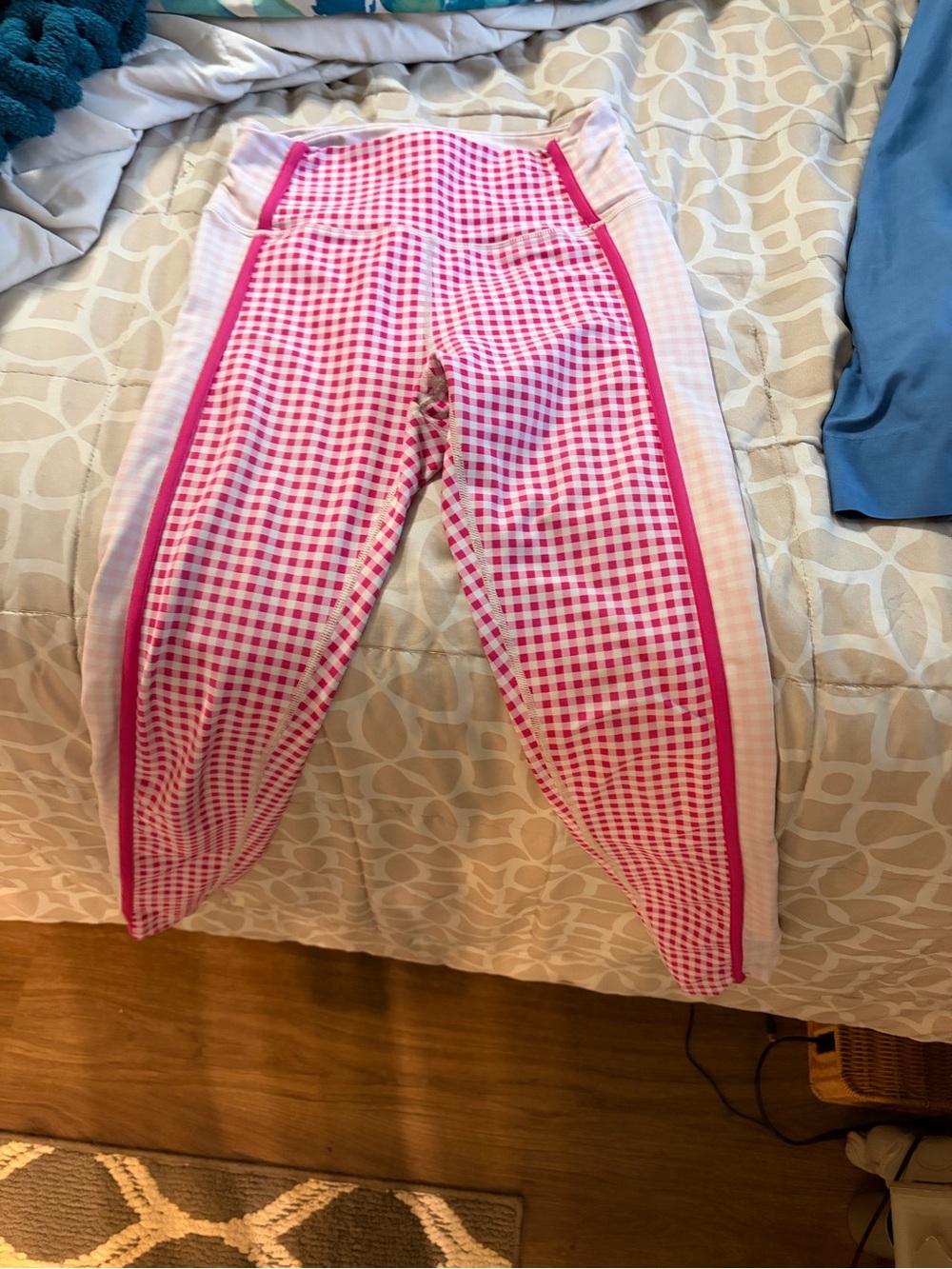 Aqua Pink Gingham Leggings with Hot Pink Side Trim